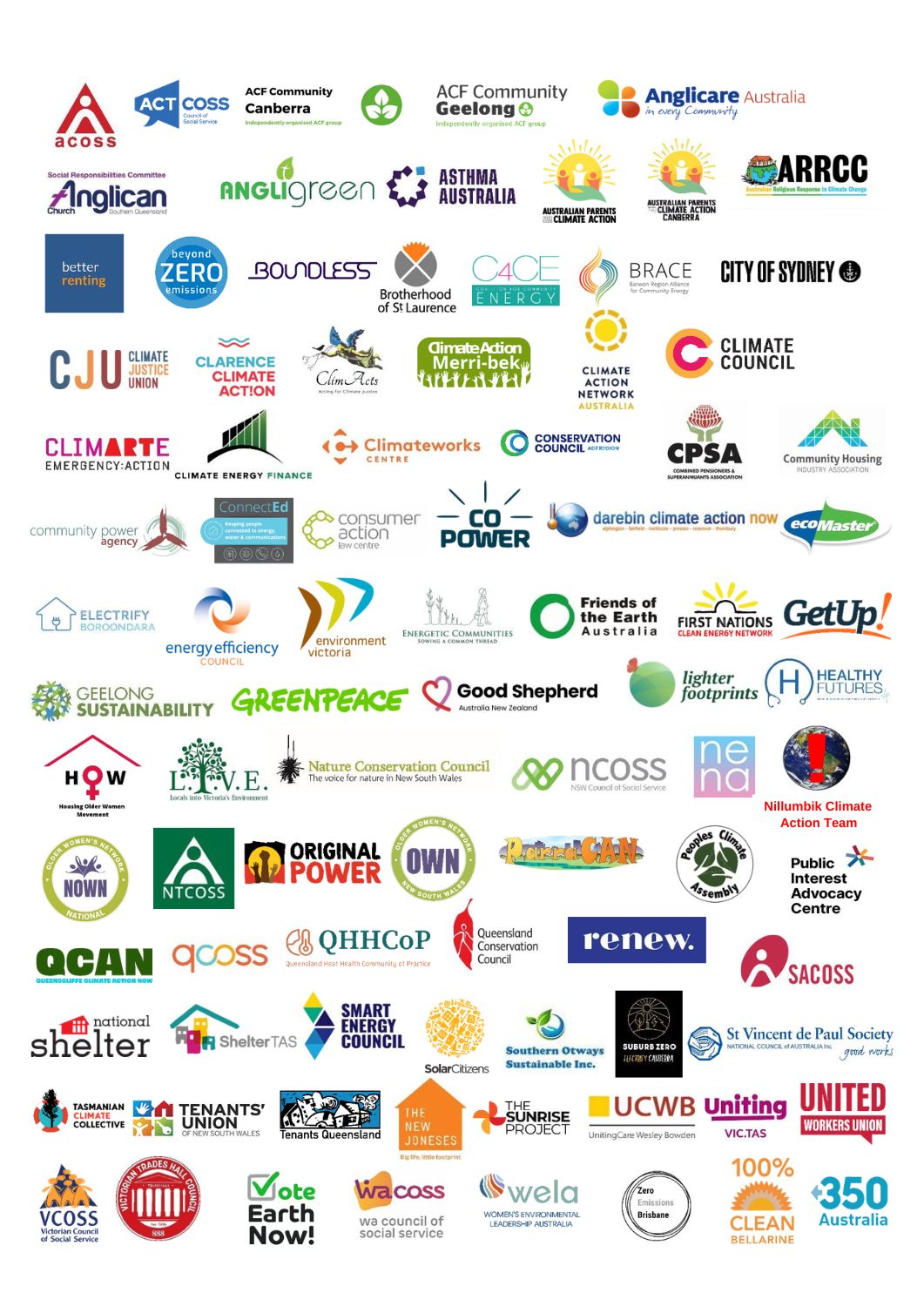 Logos from community organisations including ACOSS, Anglicare Australia, City of Sydney, Climate Council, Energy Efficiency Australia, GetUp!, Greenpeace, NCOSS, Public Interest Advocacy Centre, Renew, Tenants' Union, St Vincent De Paul Society, Uniting